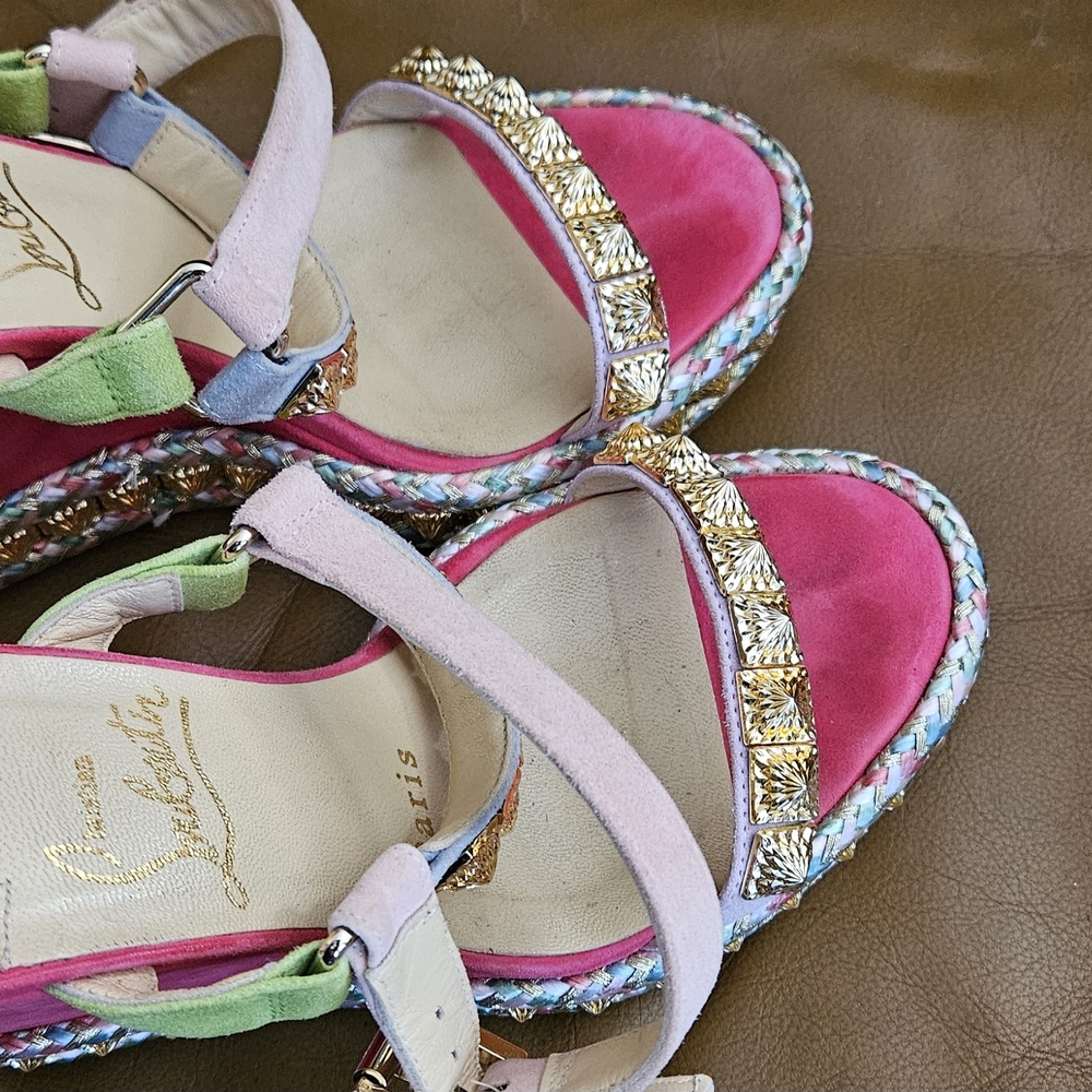 Christian Louboutin Pyraclou Suede Multicolor Gold Accent Wedges Sz 4 US - Picture 11 of 15